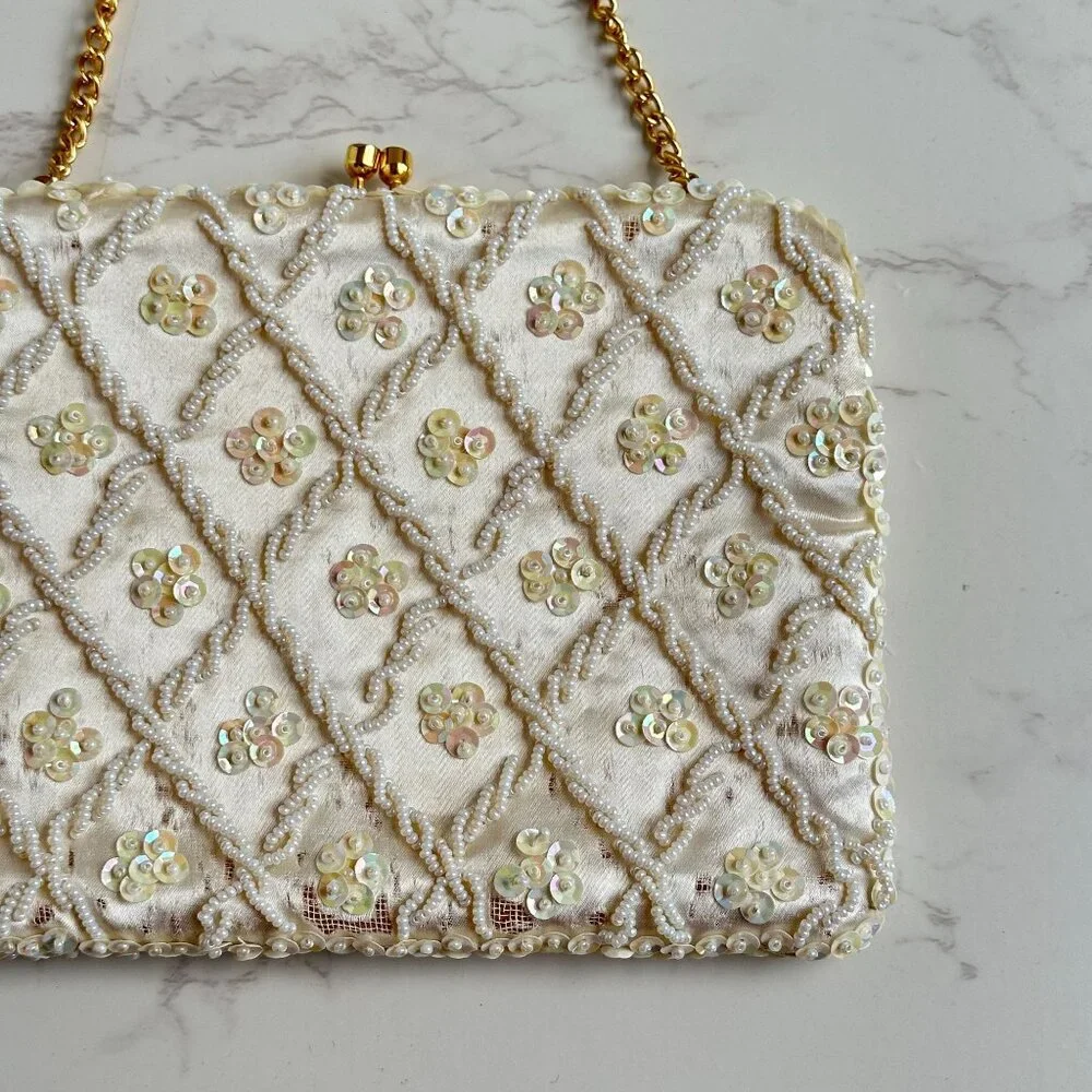 Vintage Cream Convertible Clutch Evening Bag With Sequins & Beads Hand Made - Picture 2 of 11